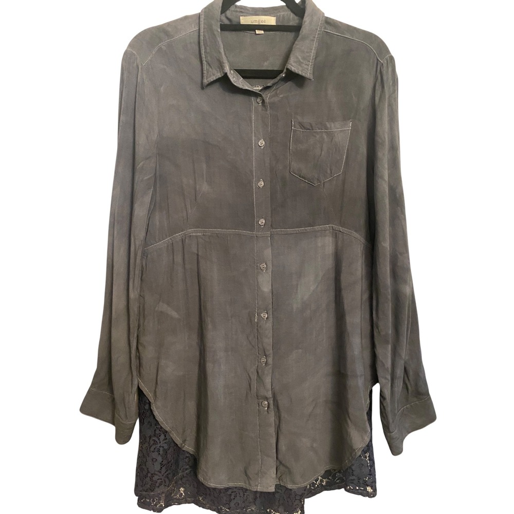 Umgee Gray Lace Trim Button Down Long Sleeve Boho‎ Tunic Top Womens Large